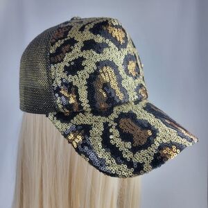 Women's Fashion Glittery Gold Sequin Animalprint Leopard Mesh Back Baseball Cap